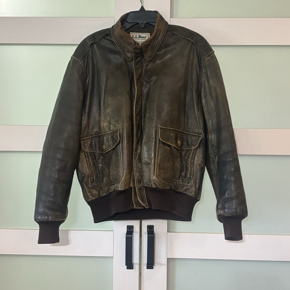 Vintage Men's LL Bean Brown Distressed Leather Bomber Jacket Sz 42 Regular